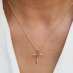 18K gold plated brass cross necklace featuring elegant pink birthstone floral inlay