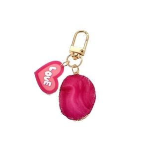 Pink heart LOVE resin keychain with imitation stone pendant and gold lobster clasp