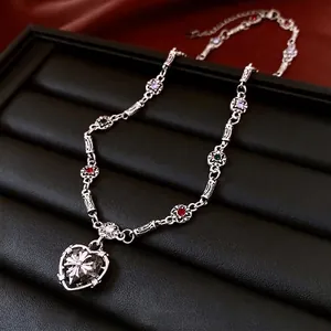 Gothic Heart Cross Pendant Necklace Alloy Rhinestone Retro Silver Color Metal With Colorful Stones Sweet Cool Jewelry