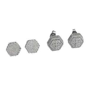 Classic hexagon zircon earrings set with cross design in shiny silver finish