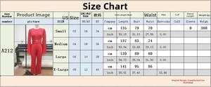 Size chart for red long sleeve jumpsuit with measurements for S to XL and US/UK/EU units