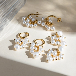 Elegant 18K gold plated stainless steel grape-shaped pearl cluster earrings for women