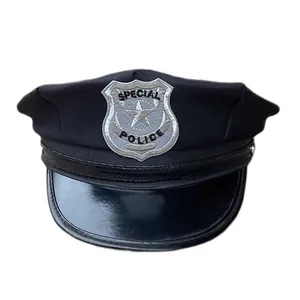 Detail of black special police cap featuring silver embroidered star badge and glossy visor