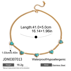 Dimensions détaillées du collier en acier inoxydable avec cœurs turquoise