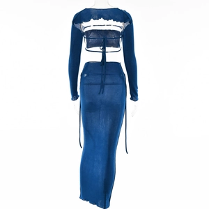 Detail of navy blue mesh dress featuring sexy backless lace-up ties and sheer fabric texture