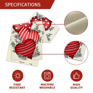 Linen Valentine's Day table runner with red hearts, showing texture and machine washable icons
