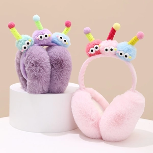 Cute cartoon plush earmuffs with large 3D eyes and colorful balls for winter warmth