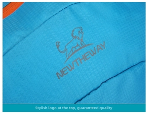 Close-up of blue water-resistant grid fabric with orange zipper and lion logo detail