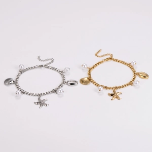 Marine style stainless steel bracelet with starfish shell charms and faux pearls