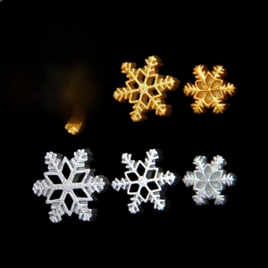 Detailed view of gold and silver glitter snowflake charms in three graduated sizes