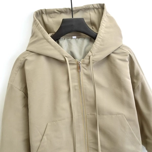 Women's khaki hooded zip-up crop jacket with drawstring waist and drop shoulders