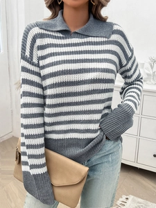 Damen Freizeit-Strickpullover mit Streifen Polokragen in Grau und Weiß für Damen