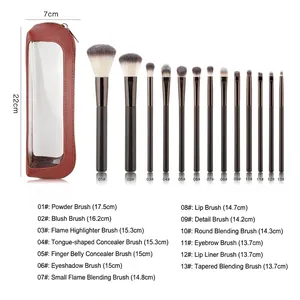 Professionele 13-delige bruine make-up borstelset met luxe bruin lederen ritszakje