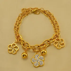 Bracelet Fleur Évidée En Acier Inoxydable Plaqué Or 18K Chaîne Double Couche Avec Cristal Strass Bijou Élégant Pour Femme
