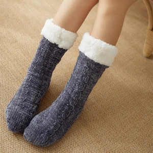 Winter grey cable knit floor socks with white faux fur trim and cozy thick material