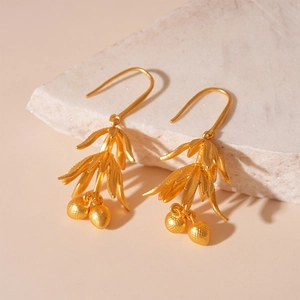 Vintage Lychee Leaf Flower Dangle Earrings Matte Gold Copper With Silver Earring Post Retro Style Jewelry For Women