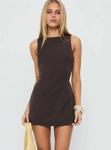Detail of a dark grey sleeveless mini dress with fine white vertical stripes and slim fit