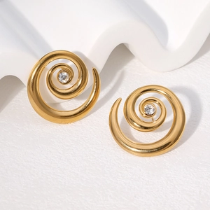 Minimalist 18k gold plated spiral swirl stud earrings with center round zircon stone