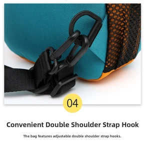 Detail of adjustable black plastic hooks and mesh pocket on the blue nylon sling bag