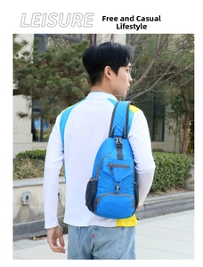 Blue nylon crossbody sling bag detail featuring multiple zipper pockets and side mesh pouch