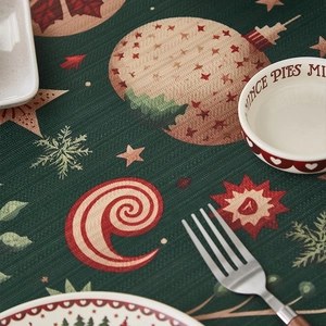 Close-up of Christmas table runner fabric with festive stars and rustic textile texture