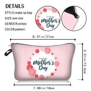 Detailed view of pink Mother's Day cosmetic bag with dimensions and zipper quality