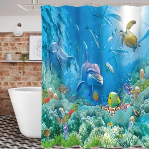 Immersive 3D underwater sea world shower curtain with dolphins and turtles in bathroom