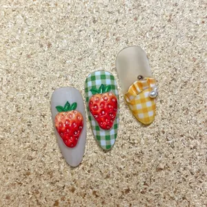 3D embossed strawberry nail art stickers with Japanese style plaid patterns