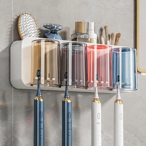 Wall Mounted Toothbrush Holder Set Plastic Multi Cups Automatic Toothpaste Squeezer Bathroom Organizer Family Storage Rack