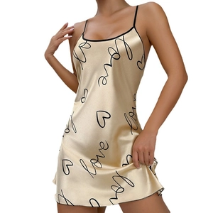 Champagne silk satin nightdress with black love heart prints and thin straps