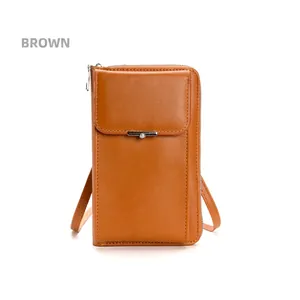 Brown leather crossbody phone bag with multi-functional long wallet and zipper closure