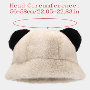 Winter plush panda bucket hat with cute black ears in beige faux fur for warm outdoors