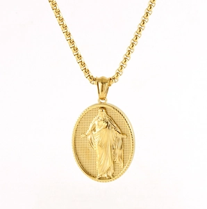 Detail of 18K gold-plated oval pendant featuring intricate 3D embossed figure on box chain