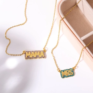 Golden stainless steel necklaces with MAMA and MRS pendants featuring colorful zircons
