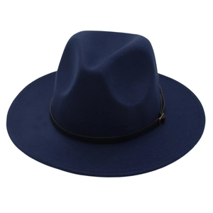 Classic dark blue wool felt fedora jazz hat featuring a black leather belt with metal buckle