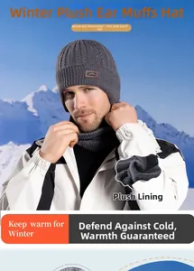 Close-up of winter knit hat and neck warmer set with warm fleece lining in dark grey