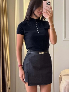 Slim fit black mock neck short sleeve knit top and skirt set for summer wear