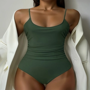 Women Ruched Tummy Control Swimsuit Solid Color Spaghetti Straps Backless Polyester Beach Vacation Swimwear