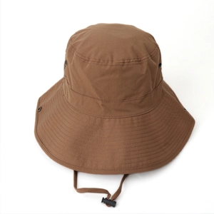 Detail of wide brim outdoor sun hat with metal air vents and adjustable chin strap
