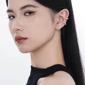 Minimalist S925 sterling silver geometric ear cuff with micro-set zircons on female model