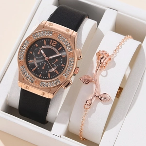 Women Quartz Watch And Flower Bracelet Alloy Case PU Leather Strap Rhinestone Elegant Fashion Elegant Gift For Ladies
