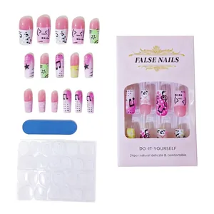 French Y2K press-on nails set with pink gradient star and music note patterns