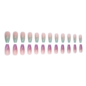 Glossy long coffin press-on nails featuring vibrant pink and mint green gradient design