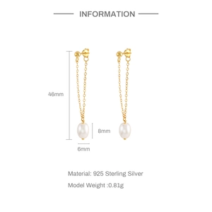 Detailed size specifications for S925 sterling silver pearl drop earrings 46mm length