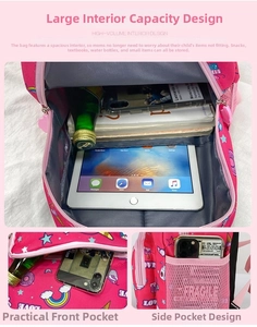 Pink cartoon unicorn backpack detail showing large main compartment and side mesh pockets