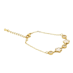 Elegant gold titanium steel bracelet with shell flower pendants and clear zircon stones
