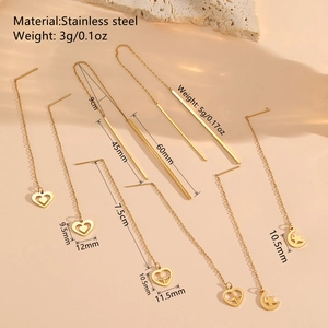 Boucles d'oreilles traversantes en acier plaqué or 18k avec pendentifs cœur et lune