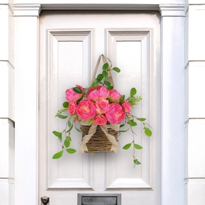 Artificial pink rose flower basket wreath with rattan base and burlap bow for door decor