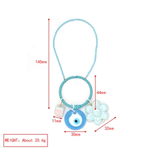 Detailed dimensions of blue beaded keychain with evil eye and turquoise ring pendant