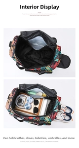 Detail of travel tote showing large capacity compartments and waterproof separation bag